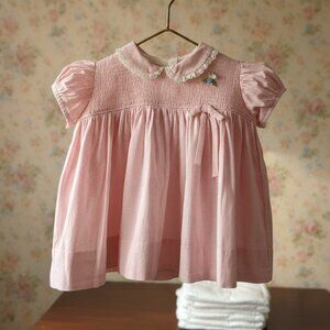 Sweet Mid-Century Vintage Pink Gingham Smocked Baby Dress Puffed Sleeves & Lace
